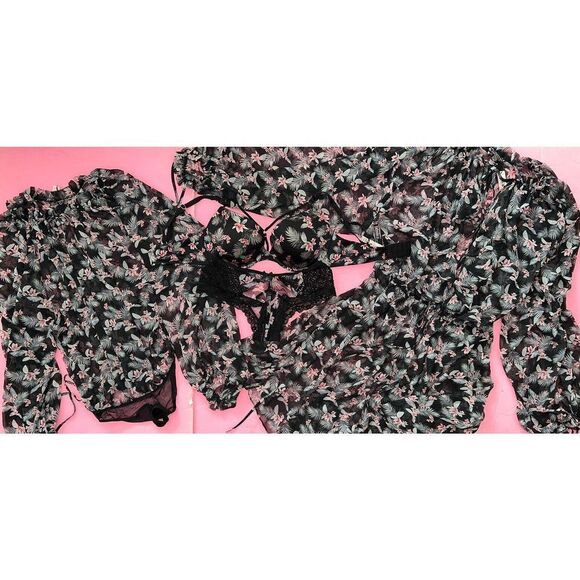 Victoria's Secret 34D BRA SET+ROMPER TEDDY+ROBE DUSTER black Pink Chiffon Hawaii
